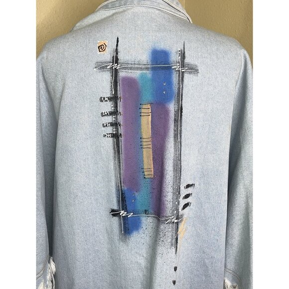 Denim Fringed Jacket XL Southwestern Painted Cotton Open Front Whimsiegoth Hip - Picture 5 of 13